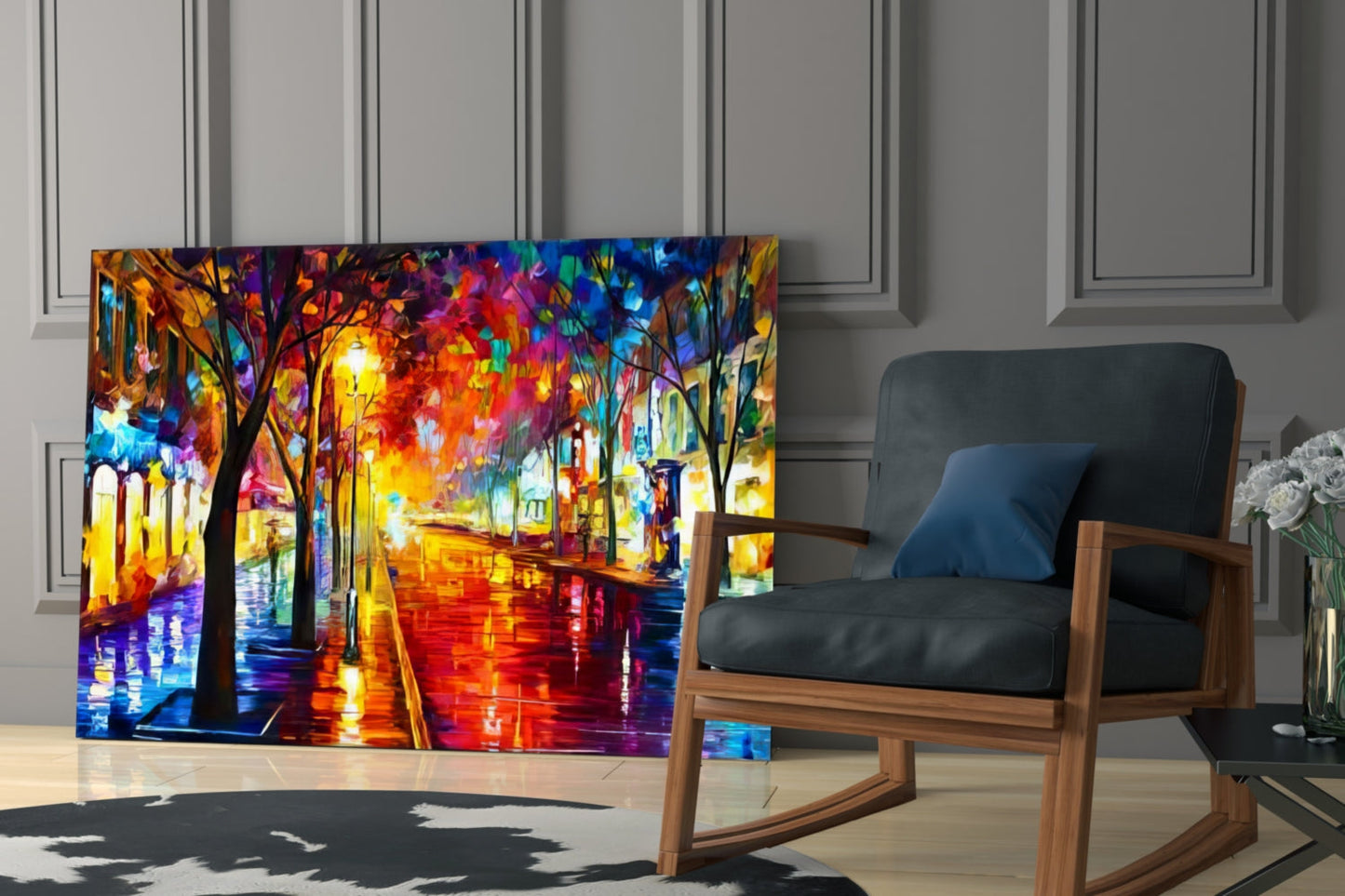 Vibrant illuminated glass wall art depicting a colorful rainy street scene displayed in a modern living room next to a wooden chair.