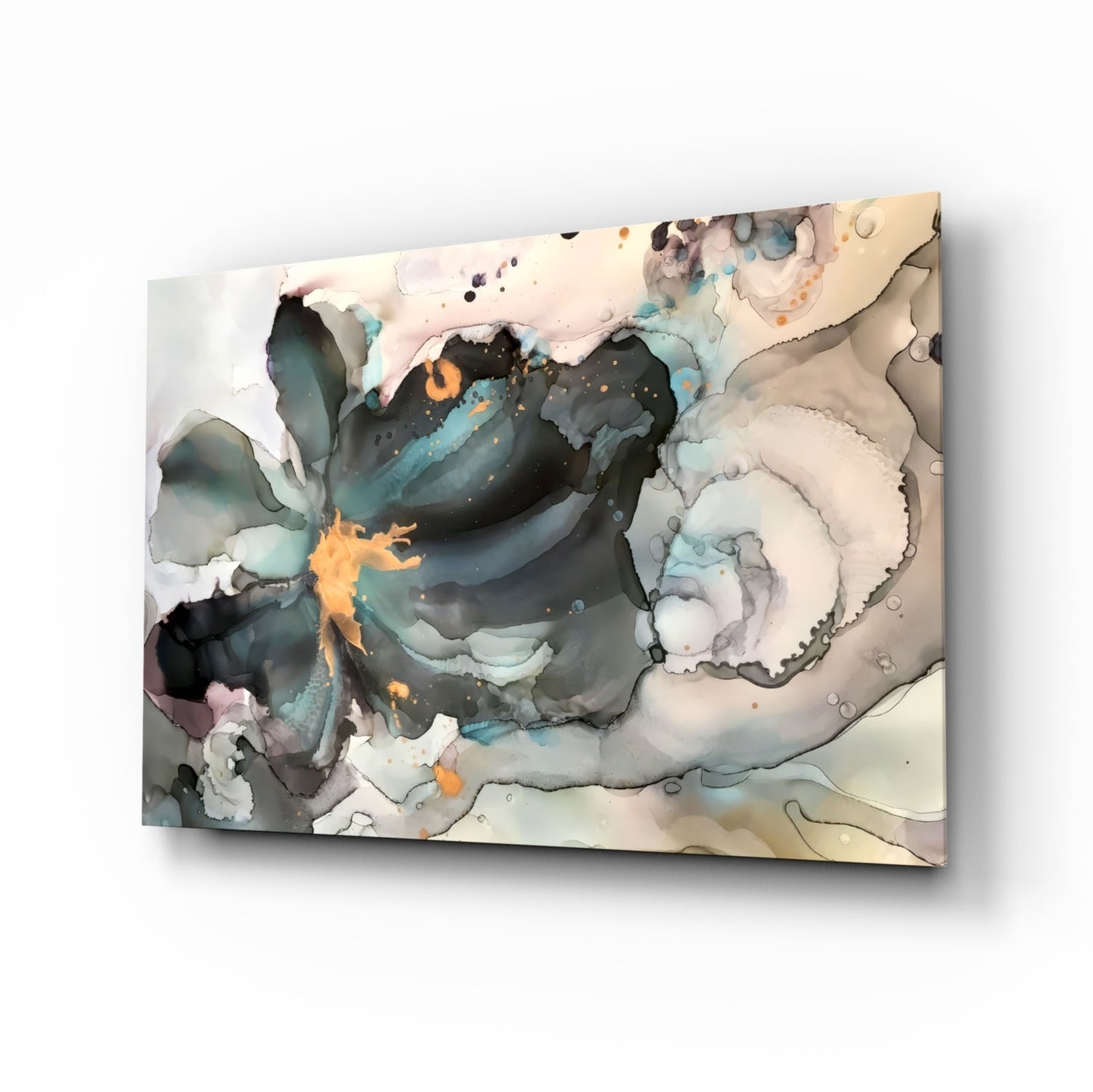 Angled perspective of glass wall art displaying abstract swirling patterns in teal, charcoal, cream, and orange tones.