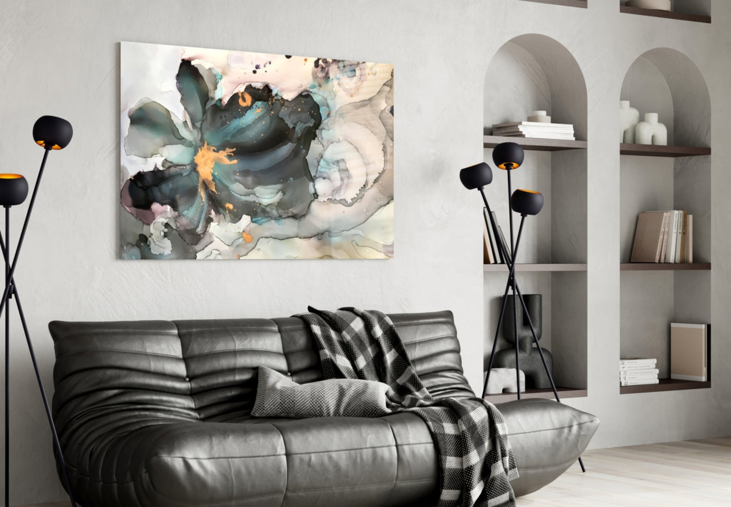 Abstract marble flower glass wall art with teal, black, and gold tones displayed above black leather sofa in modern living room.