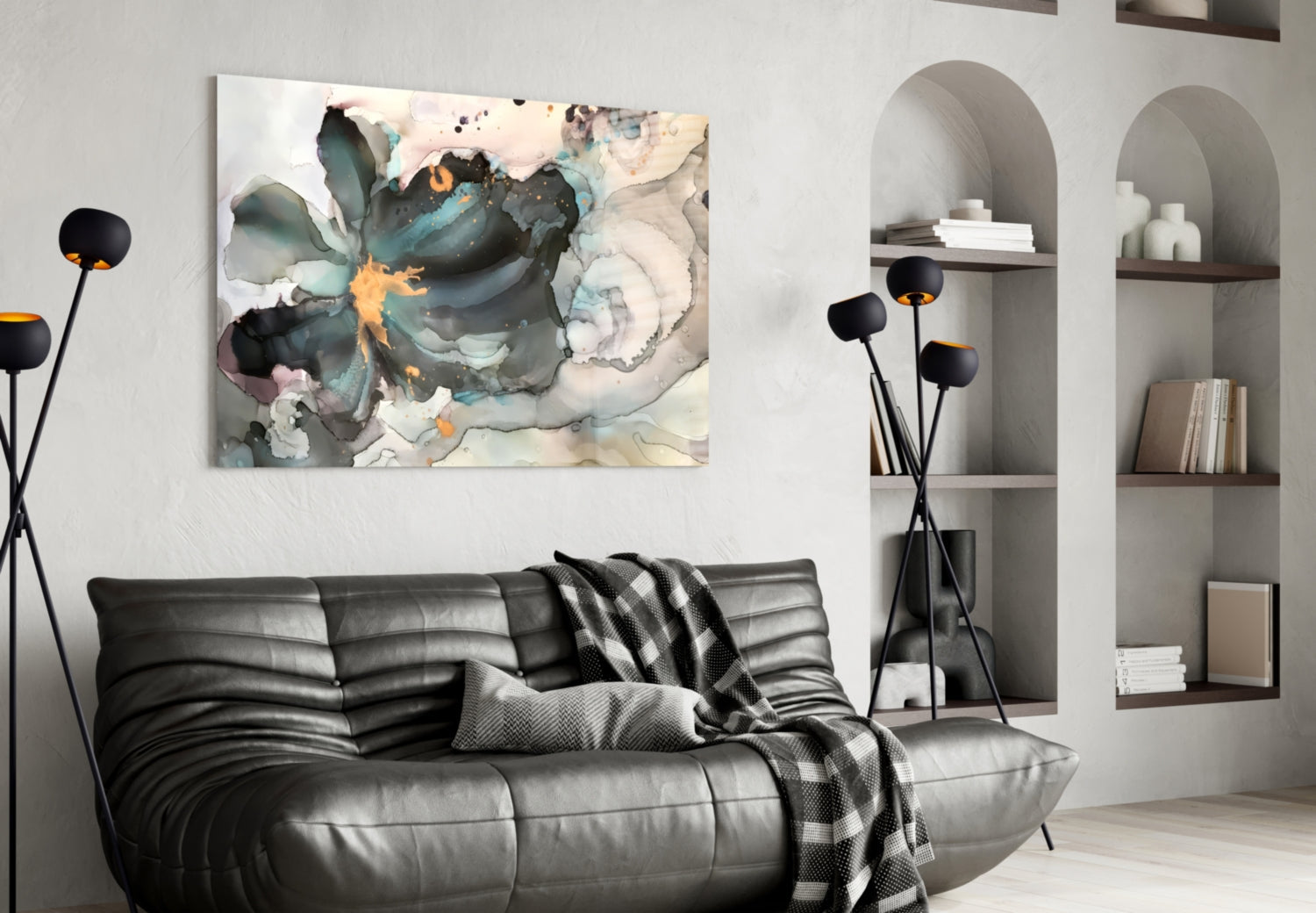 Abstract marble flower glass wall art with teal, black, and gold tones displayed above black leather sofa in modern living room.