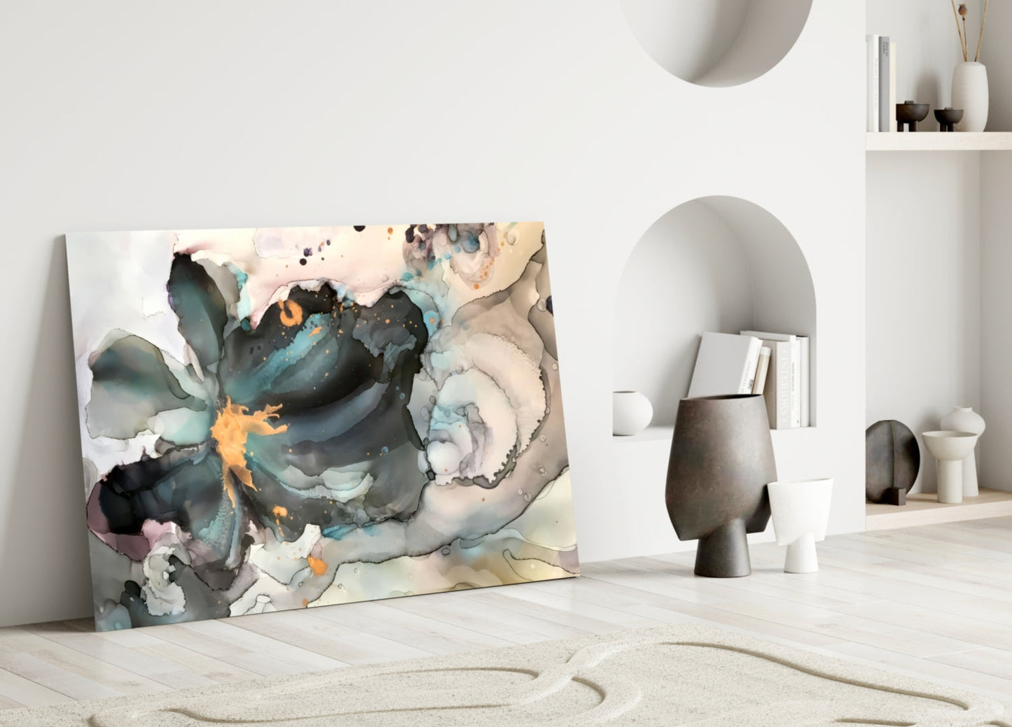 Abstract marble flower glass art in teal, black, and gold displayed on white floor against minimalist interior with shelving and ceramic vessels.