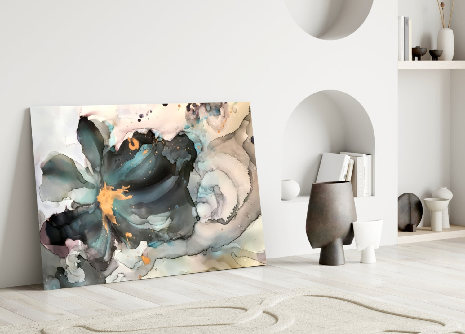 Abstract marble flower glass art in teal, black, and gold displayed on white floor against minimalist interior with shelving and ceramic vessels.