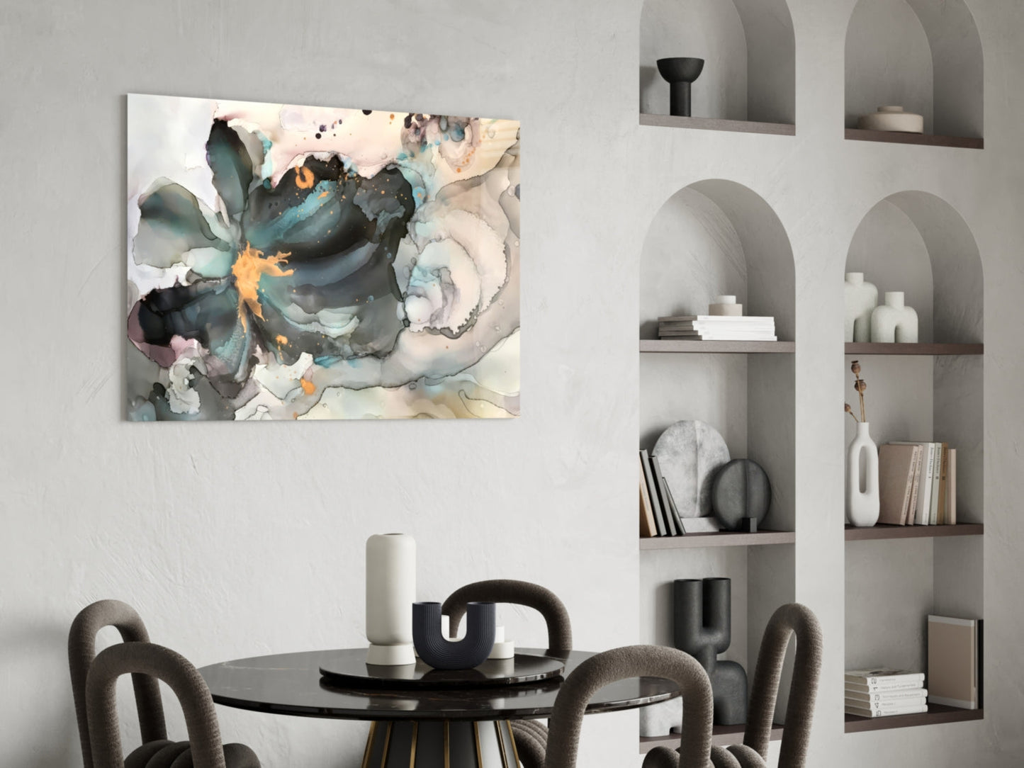 Abstract marble flower glass wall art with teal, black, orange and cream swirls displayed above a dining table.