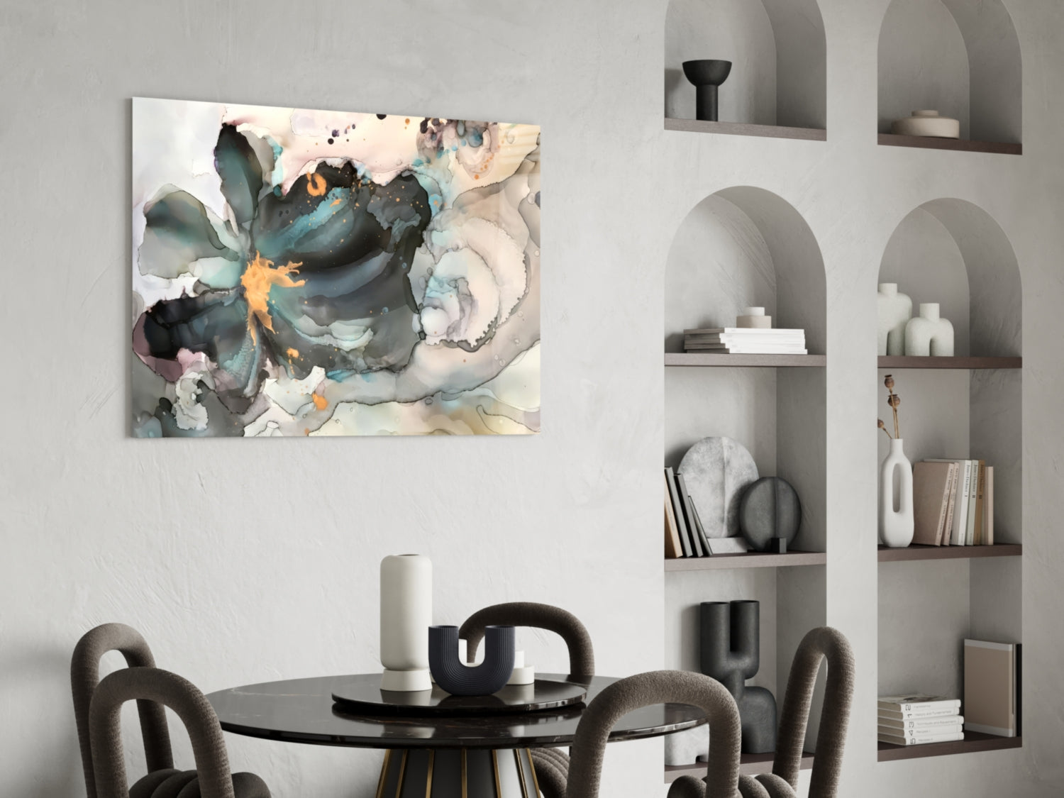 Abstract marble flower glass wall art with teal, black, orange and cream swirls displayed above a dining table.