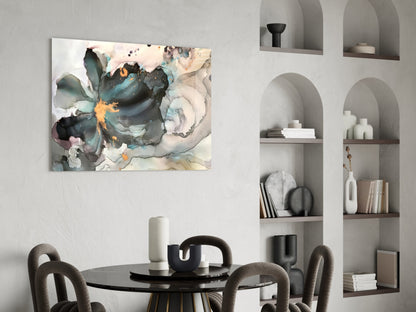 Abstract marble flower glass wall art with teal, black, orange and cream swirls displayed above a dining table.