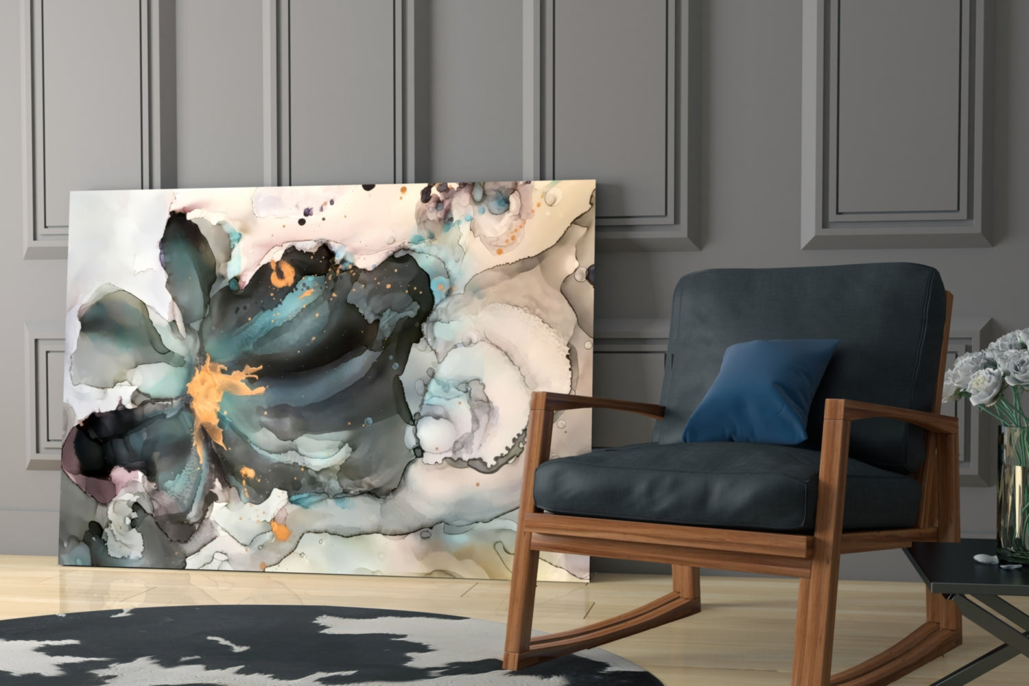 Abstract glass wall art with swirling teal, black, orange, and cream marble patterns displayed in modern living room setting.