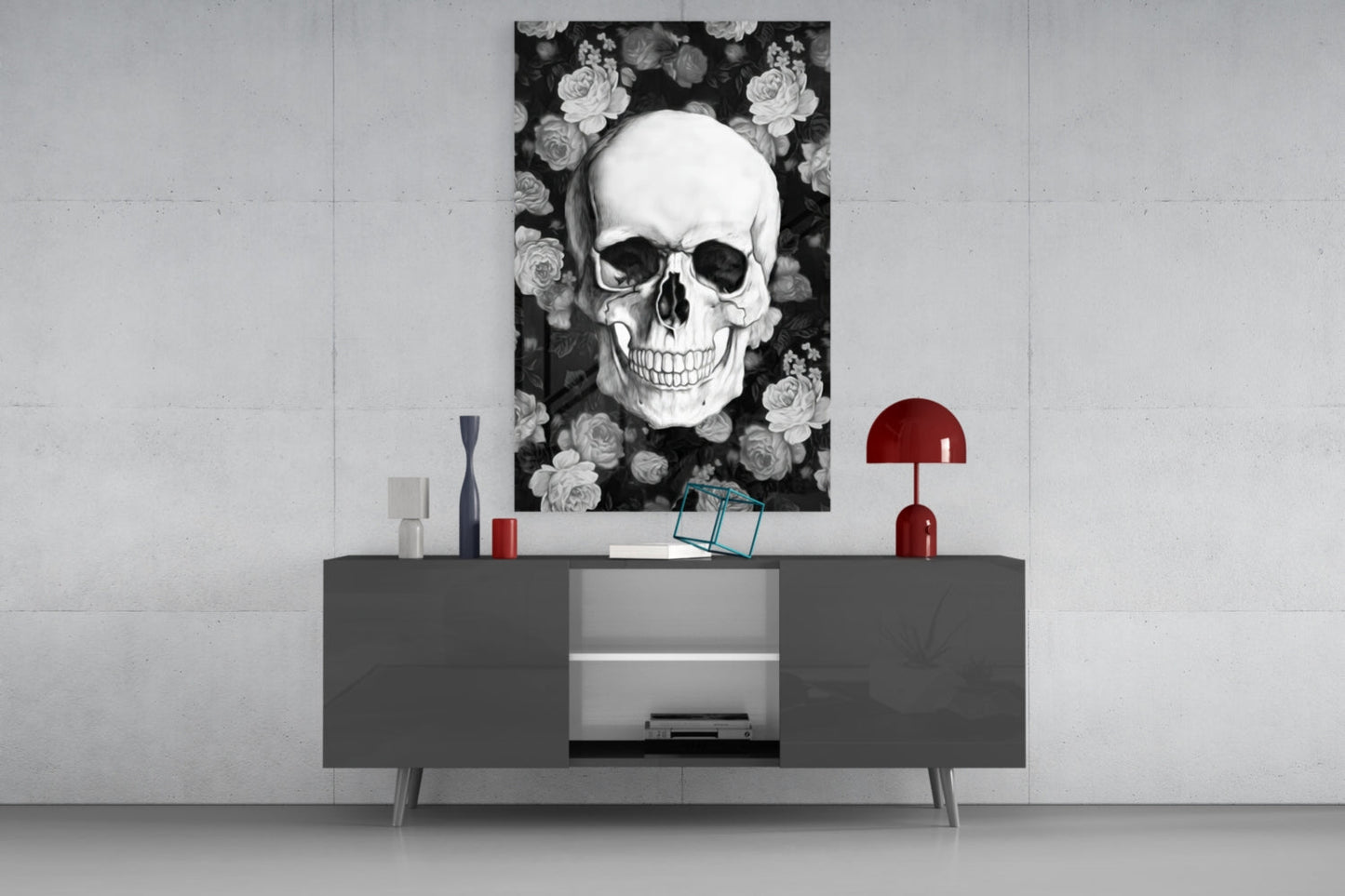 Monochrome Rose Garden Skull Glass Wall Art
