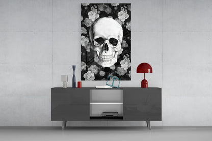 Monochrome Rose Garden Skull Glass Wall Art
