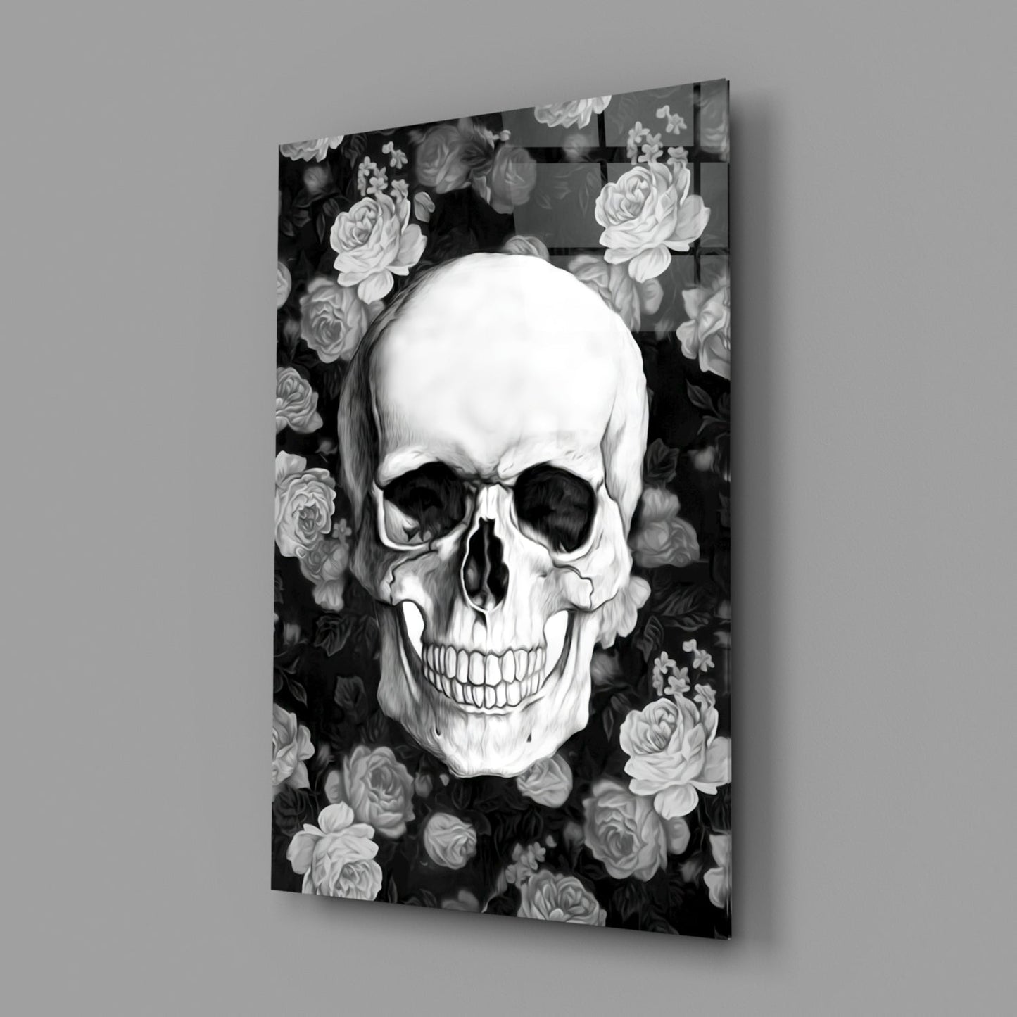 Monochrome Rose Garden Skull Glass Wall Art