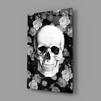 Monochrome Rose Garden Skull Glass Wall Art
