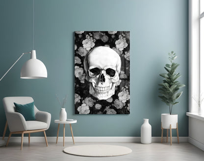 Monochrome Rose Garden Skull Glass Wall Art