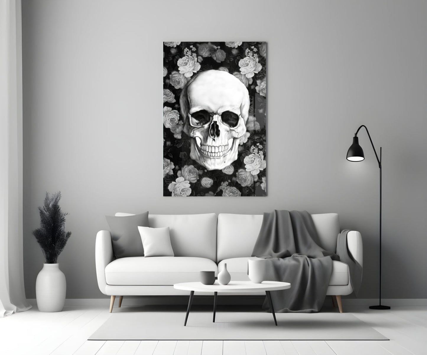 Monochrome Rose Garden Skull Glass Wall Art