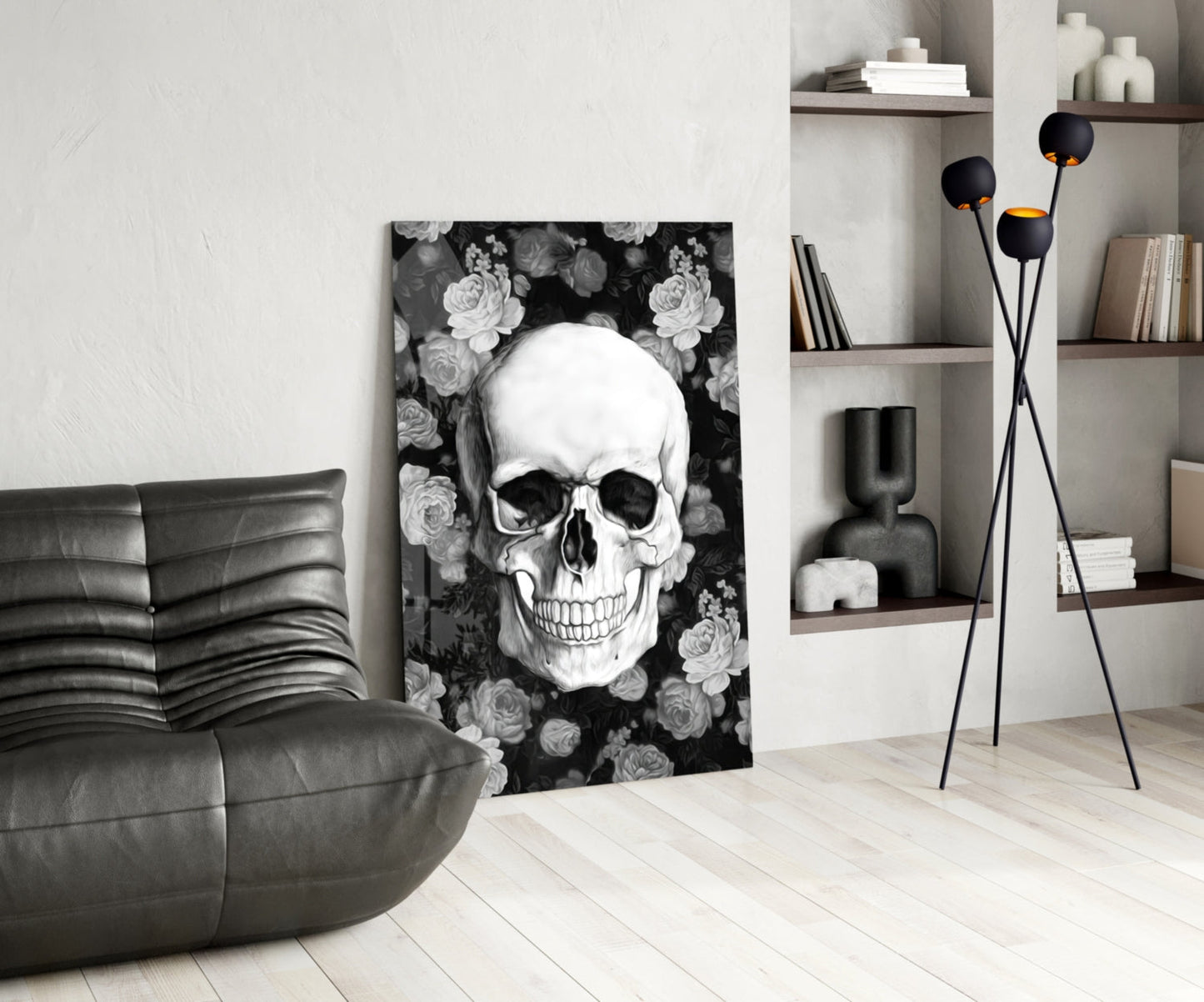 Monochrome Rose Garden Skull Glass Wall Art