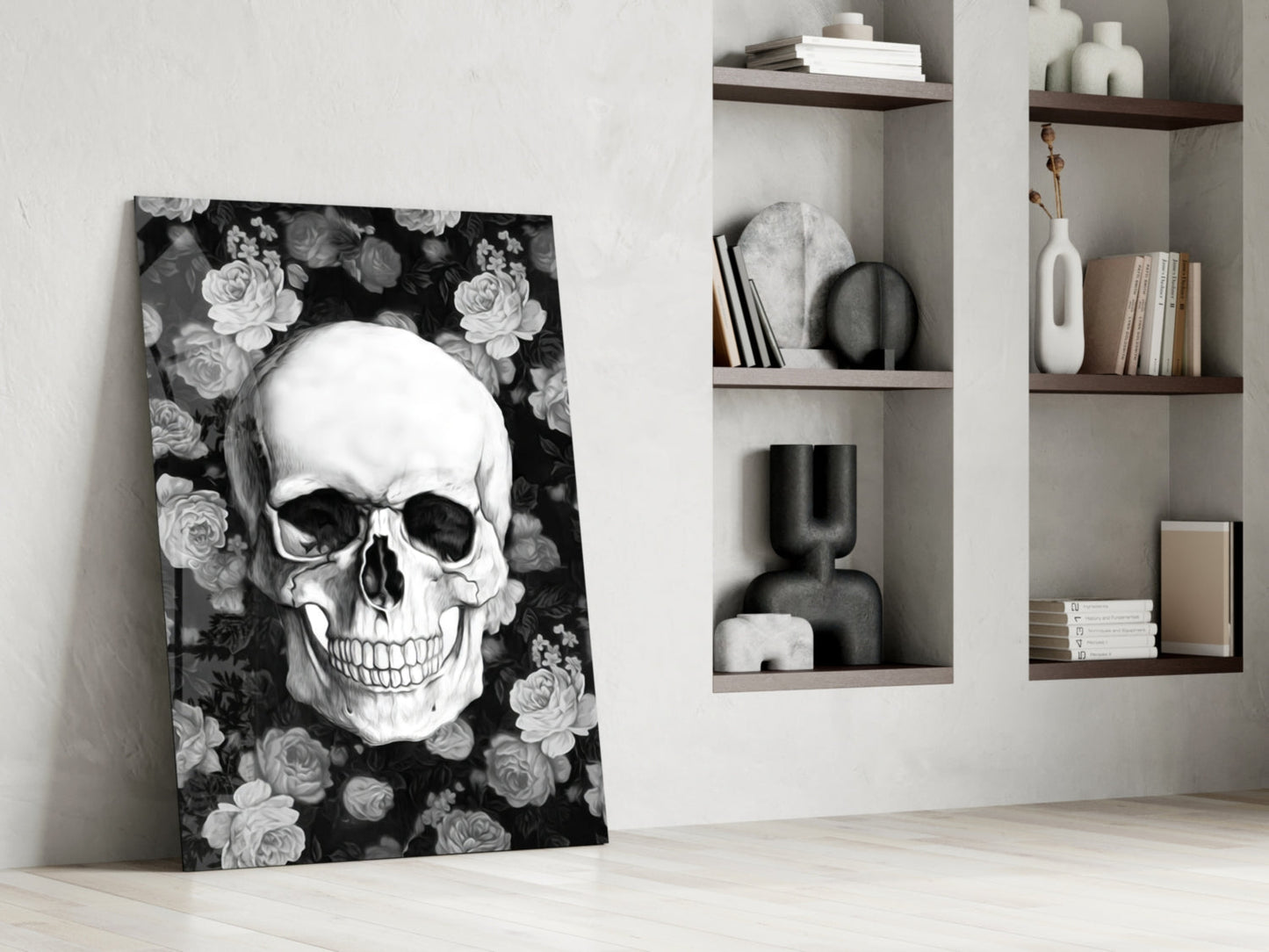 Monochrome Rose Garden Skull Glass Wall Art