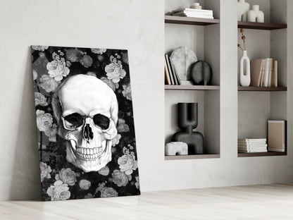 Monochrome Rose Garden Skull Glass Wall Art