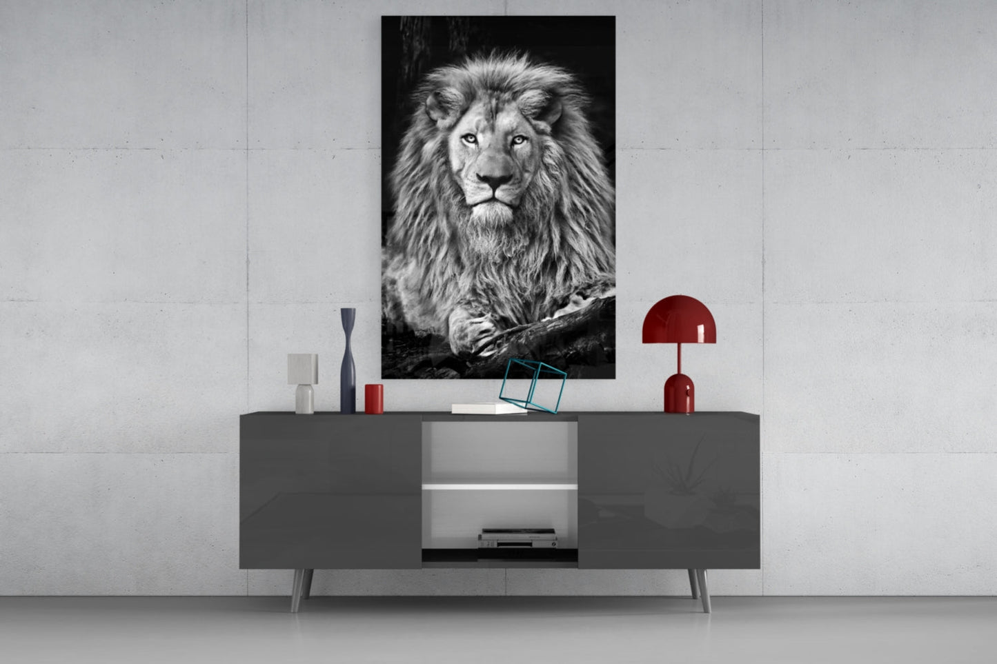 Regal Resting Lion Monochrome Glass Wall Art
