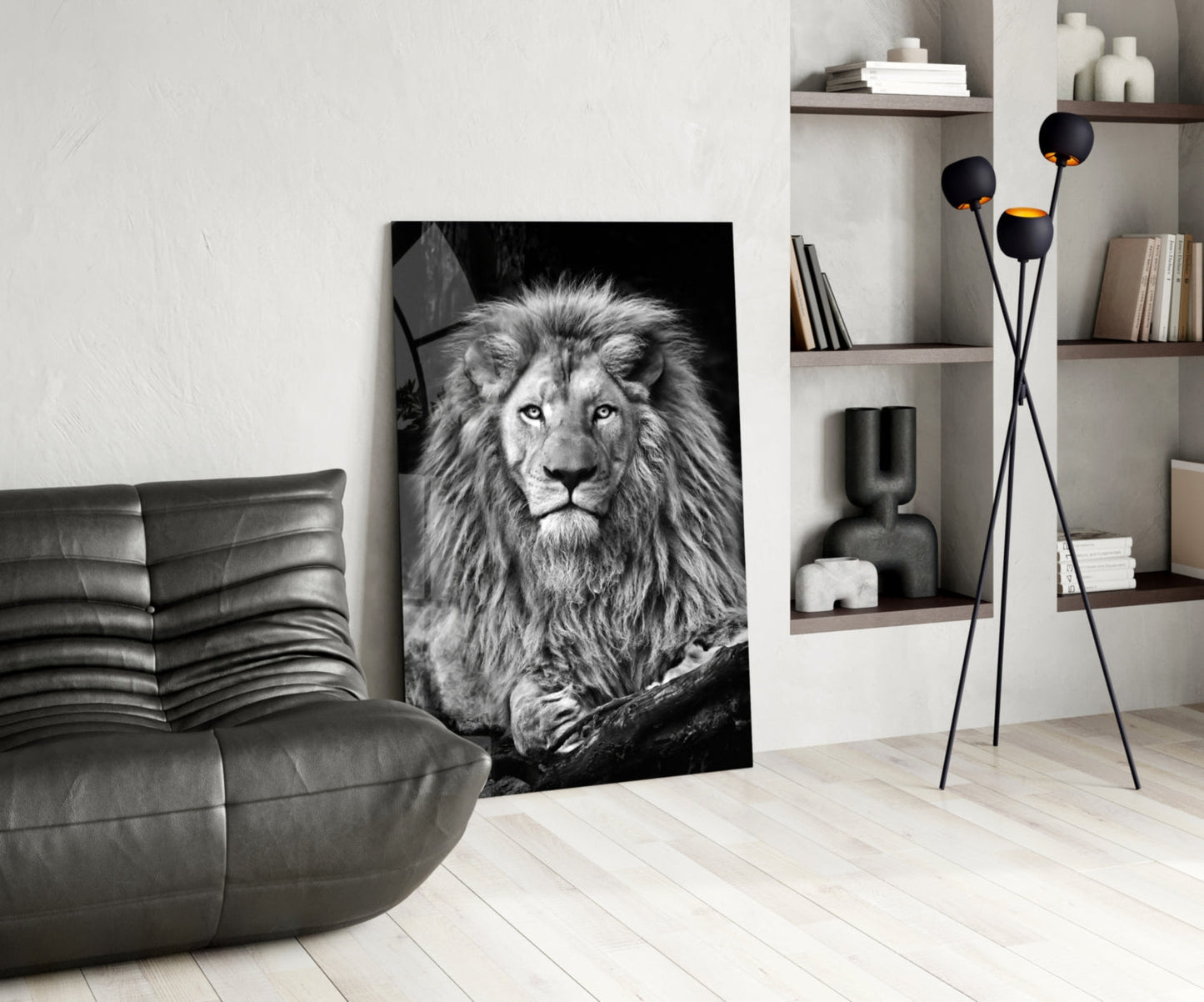 Regal Resting Lion Monochrome Glass Wall Art