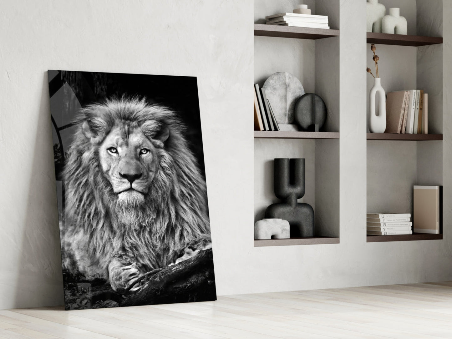 Regal Resting Lion Monochrome Glass Wall Art