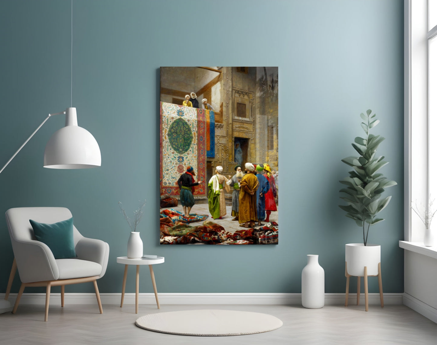 Glass wall art depicting a historical Middle Eastern scene with figures in colorful robes admiring an ornate tapestry in an arched palace interior.