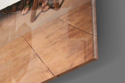 Overhead view of Last Supper glass wall art mounted above wooden flooring, showing figures' feet and classical composition.
