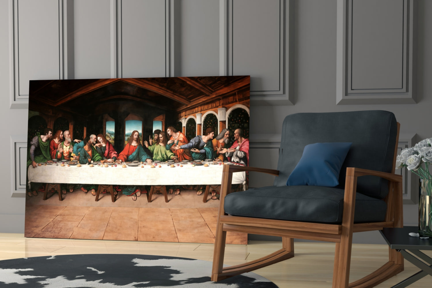 Last Supper Remastered glass wall art displayed in modern living room beside wooden chair with blue cushions.