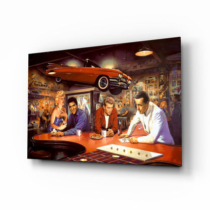 Red Convertible Retro Diner Icons Glass Wall Art