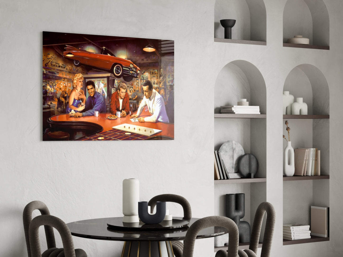 Red Convertible Retro Diner Icons Glass Wall Art
