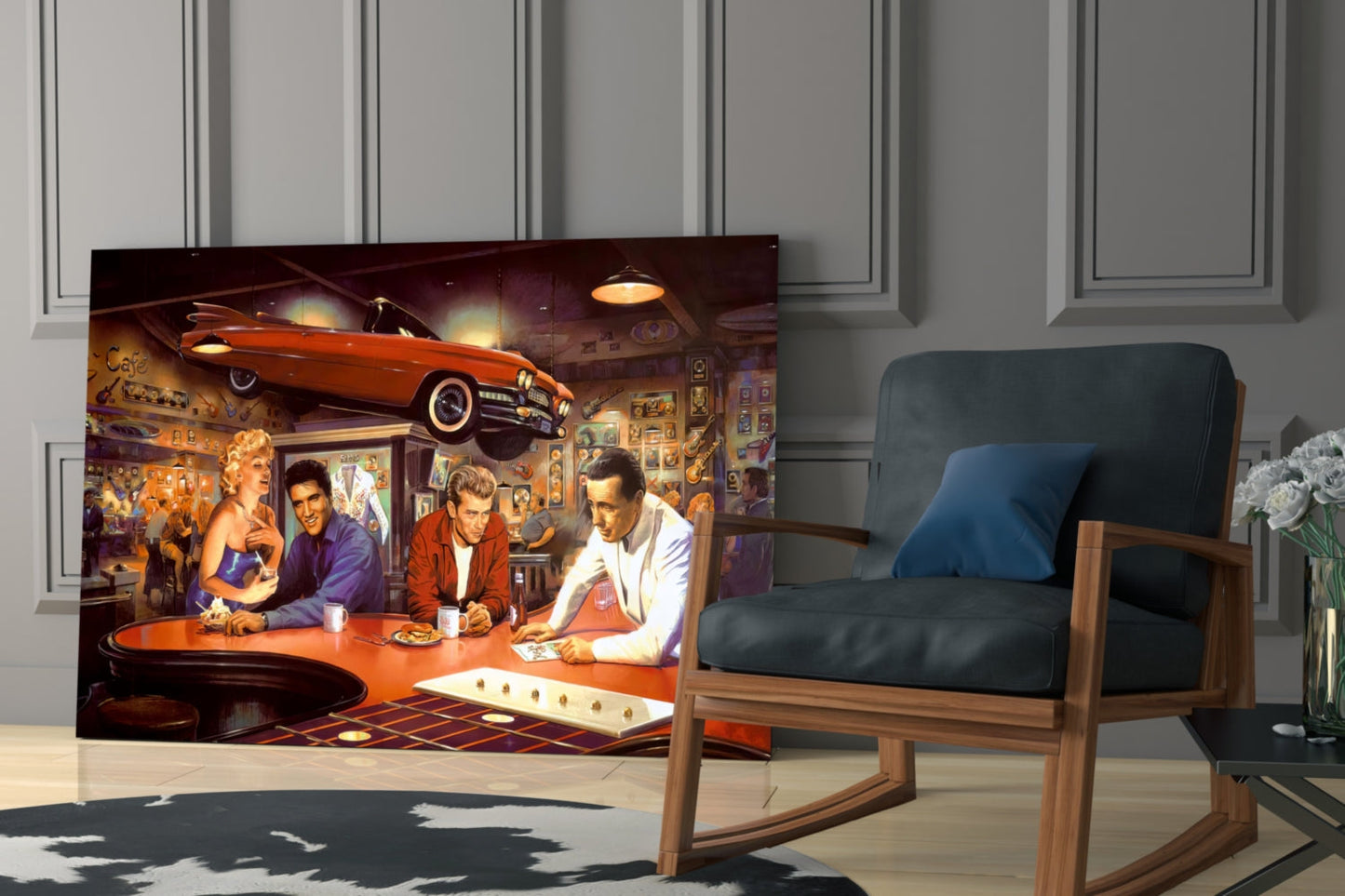 Red Convertible Retro Diner Icons Glass Wall Art
