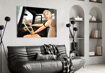 Vintage Blonde Driving Car Glass Wall Art