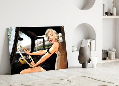 Vintage Blonde Driving Car Glass Wall Art