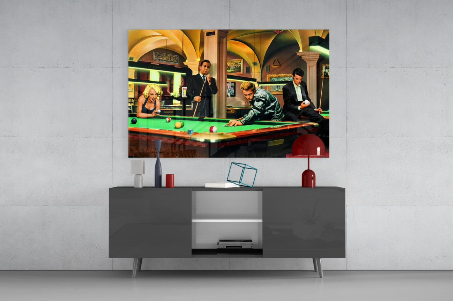 Retro Icons at the Pool Hall Glass Wall Art