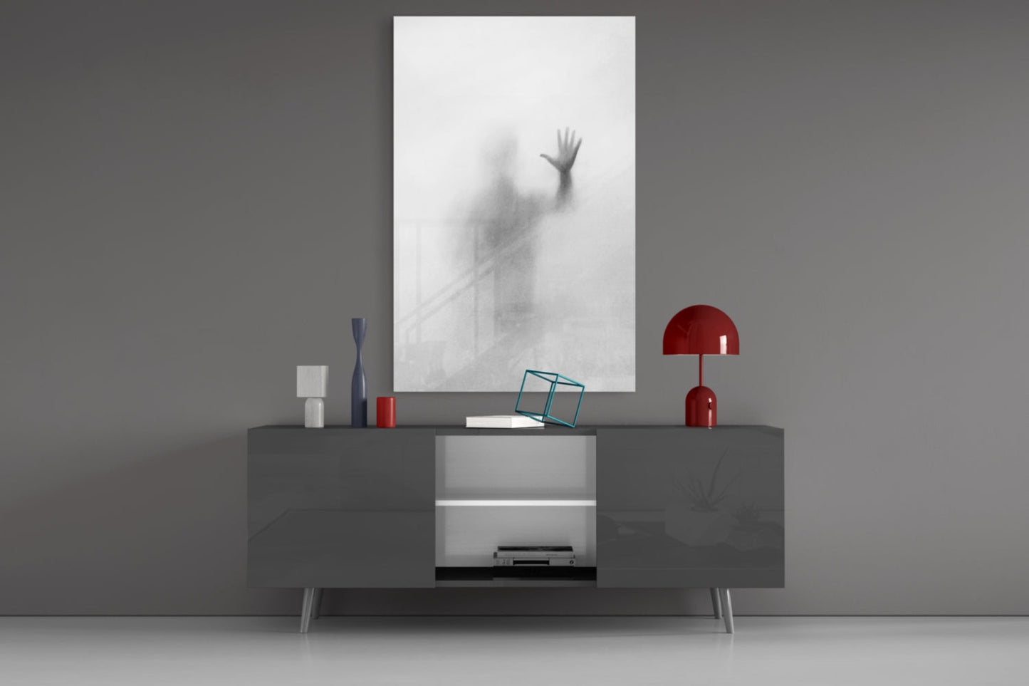 Vertical Blurred Figure Raised Palm Glass Wall Art