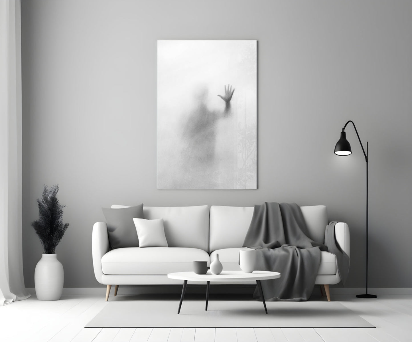 Vertical Blurred Figure Raised Palm Glass Wall Art