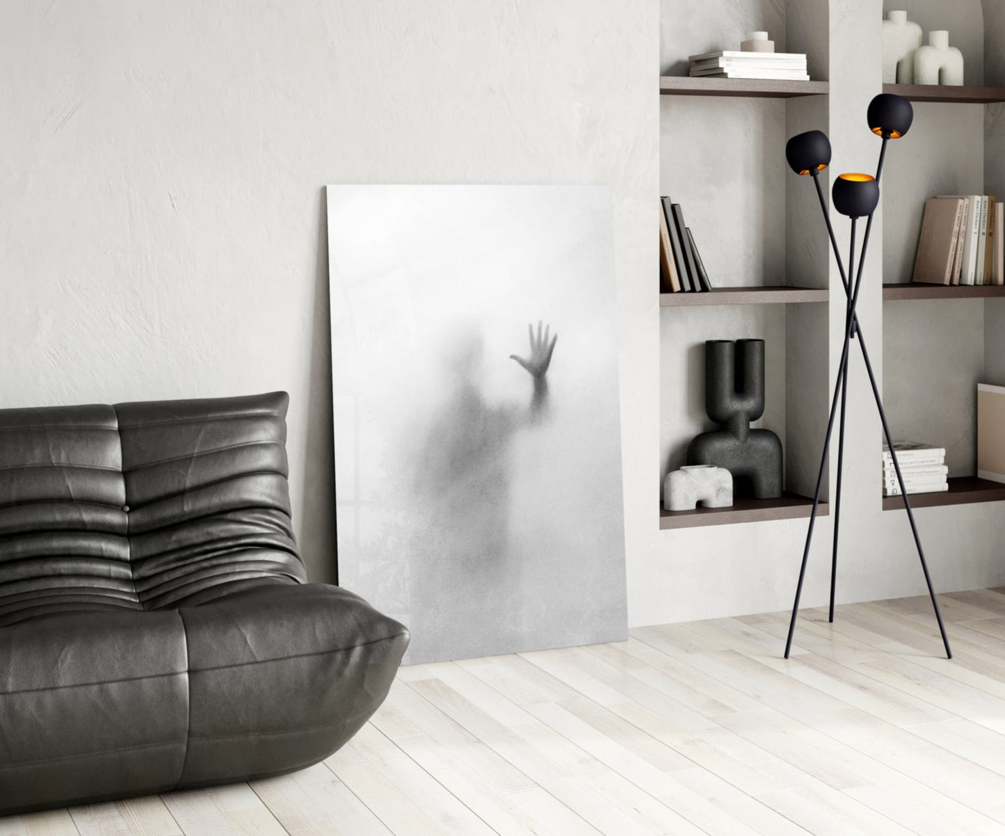 Vertical Blurred Figure Raised Palm Glass Wall Art