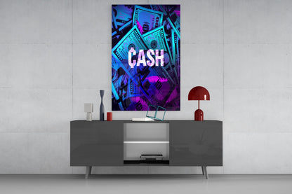 Neon-lit "CASH" glass wall art with blue and purple dollar bill imagery displayed above a gray media console in a modern interior setting.