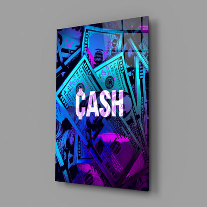 Angled view of glass wall art featuring dollar bills with cyan and magenta neon lighting effects and white "CASH" text.