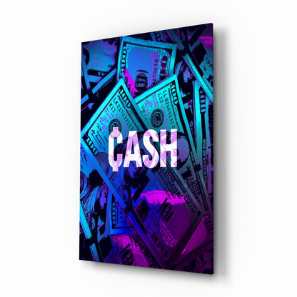 Angled view of glass wall art featuring neon cyan and magenta dollar bills with "CASH" text in gradient letters.