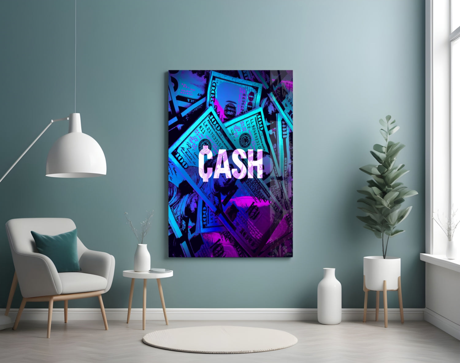 Neon-lit glass wall art displaying "CASH" text over blue and magenta dollar bills in a modern living room setting.