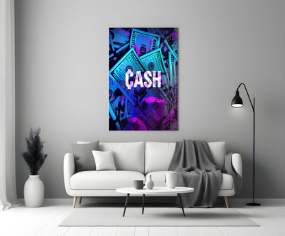 Neon blue and purple glass wall art displaying "CASH" text mounted above white sofa in minimalist living room.