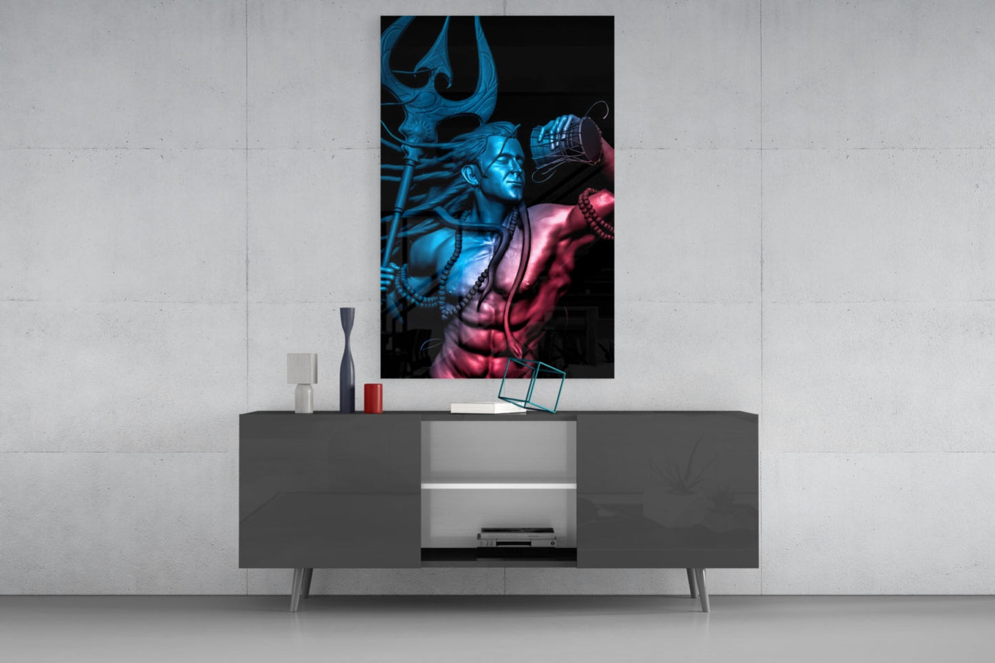 Har Har Mahadev glass wall art displayed above gray media console, showing blue and pink illuminated deity figure with trident.