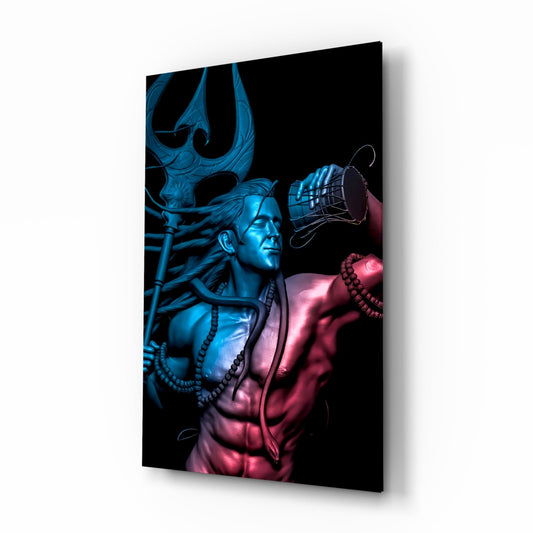Angled perspective of glass wall art showing blue-lit Lord Shiva statue with trident and pink-illuminated muscular figure against black background.
