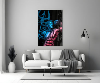 Modern living room with white sofa displaying blue and pink neon-lit deity glass wall art above it.
