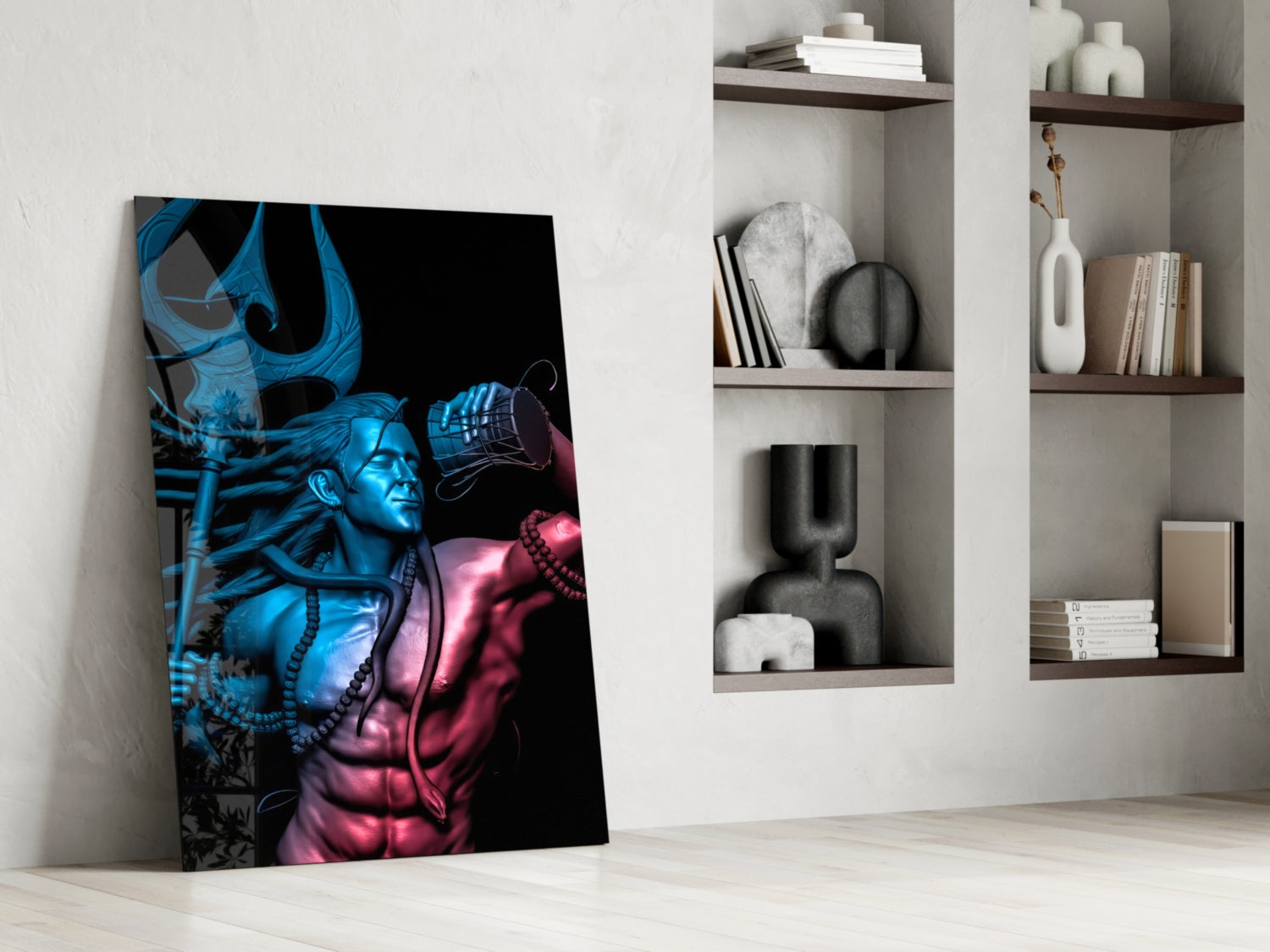 Har Har Mahadev glass wall art leaning against wall showing blue and pink neon-lit deity figure on black background, displayed in modern interior with white shelving.