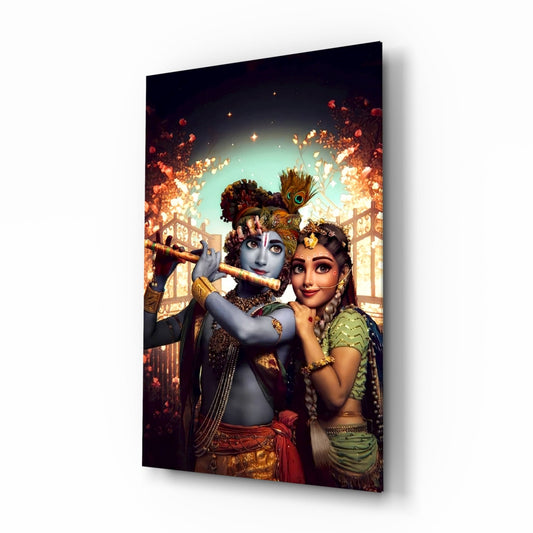 Glass wall art panel displaying Krishna with flute and Radha in ornate traditional dress against glowing palace backdrop with flowering vines.