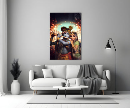 Krishna and Radha glass wall art hanging above white sofa in modern living room interior.