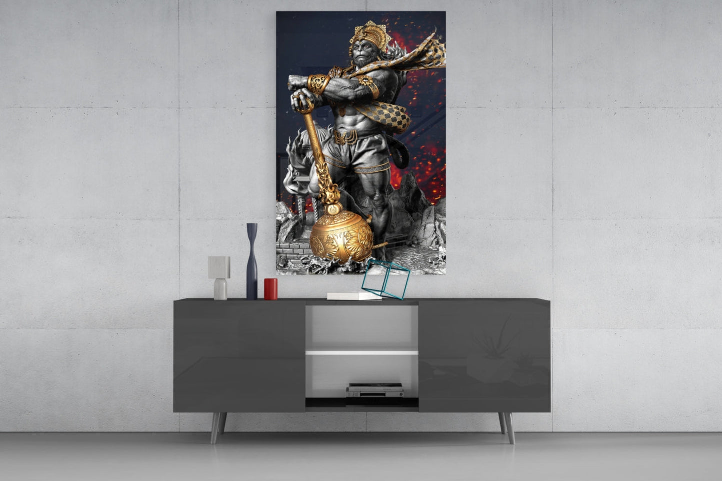 Ape King Glass Wall Art displayed above a dark gray media console, showing a muscular gorilla figure in gold and silver tones against a dark background with red accents.