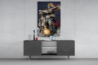 Ape King Glass Wall Art displayed above a dark gray media console, showing a muscular gorilla figure in gold and silver tones against a dark background with red accents.