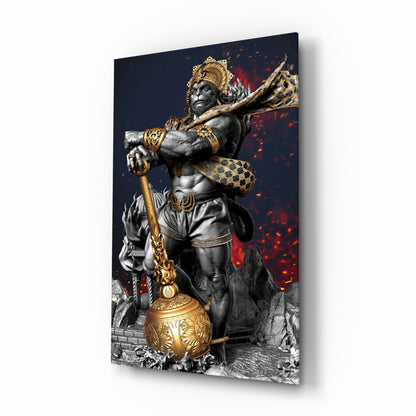 Angled view of glass wall art depicting a muscular monkey deity with gold crown and ornaments, holding a staff, against dark background with red fiery effects.