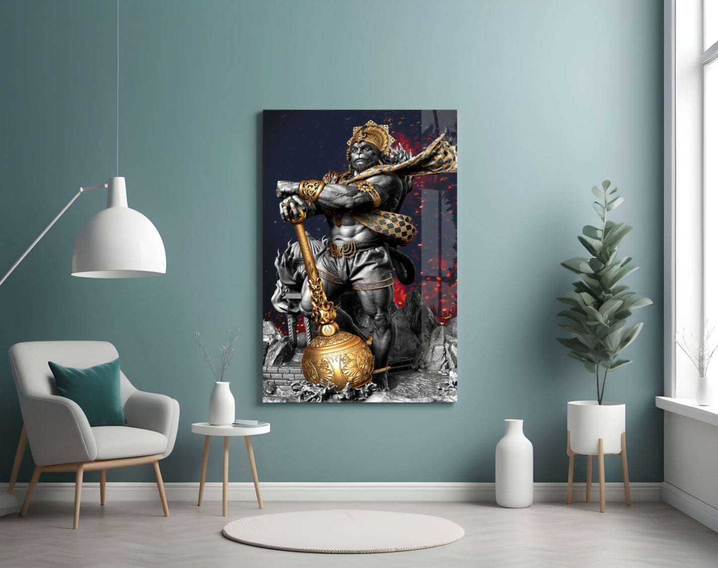 Ape King Glass Wall Art depicting a muscular black and gold figure holding a staff, displayed on a teal wall above a white chair.