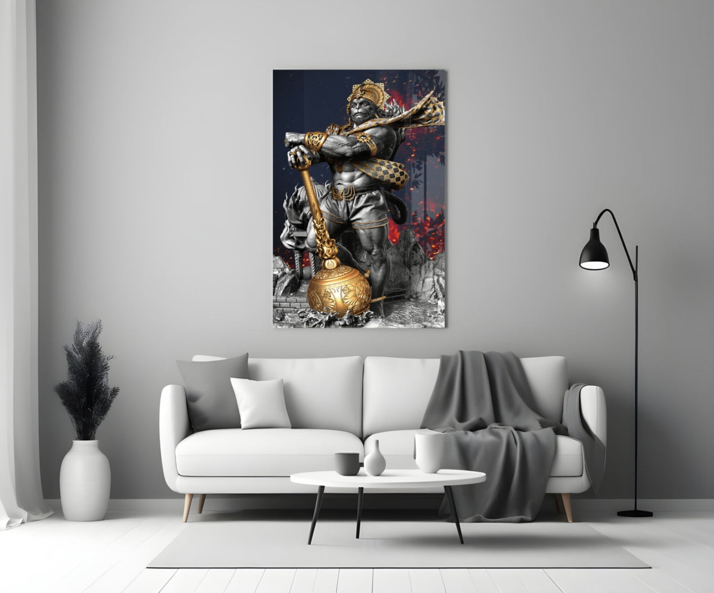 Ape King Glass Wall Art mounted above a white sofa in a modern living room interior with gray and gold accents.